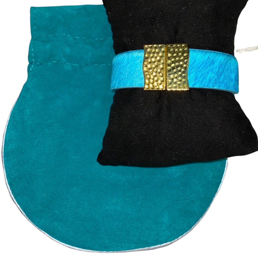 Rustic Cuff Haley Turquoise Calf Hair Wide‎ Cuff with Gold Ends Magnetic Closure
